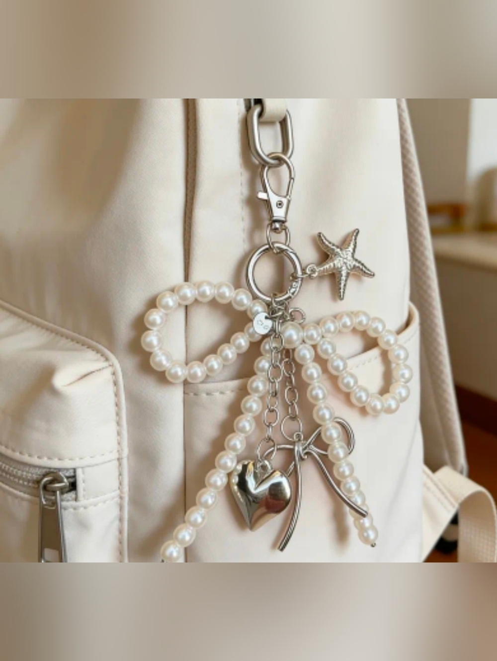 Pearl Bow Purse Charm with Silver Accents